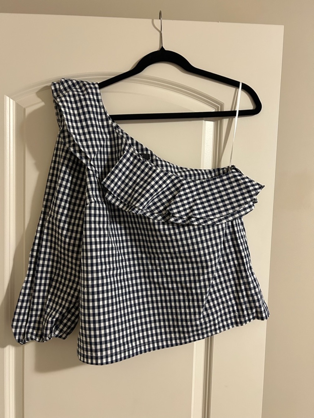 J. Crew Navy and White Gingham One-Shoulder Ruffle Blouse